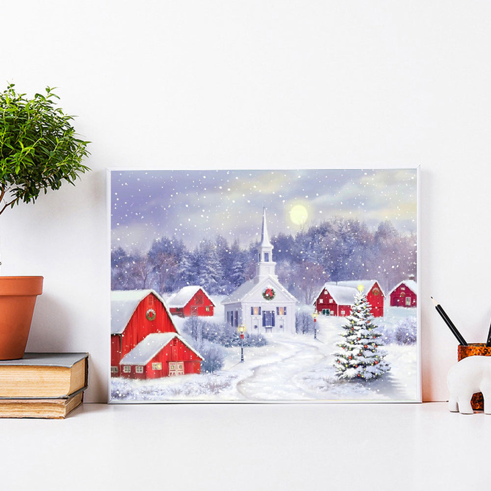 Christmas Snow Village Church - Full Round Drill Diamond Painting 40*30CM