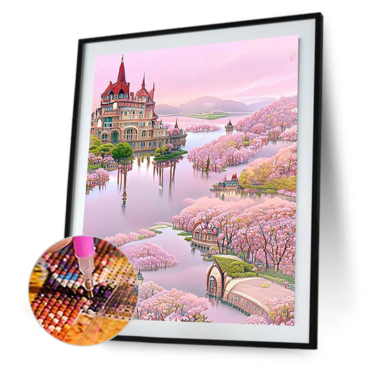 Pink Lake Castle - Full Round Drill Diamond Painting 40*50CM