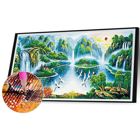Crane Dance Landscape - Full Round Drill Diamond Painting 110*50CM