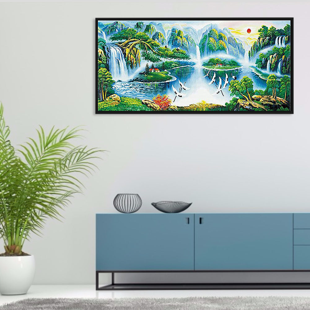 Crane Dance Landscape - Full Round Drill Diamond Painting 110*50CM