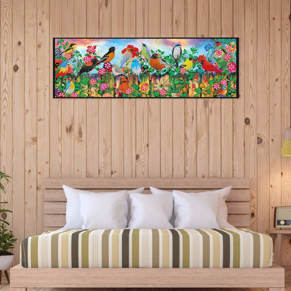 Flowers And Birds On The Fence - Special Shaped Drill Diamond Painting 80*30CM