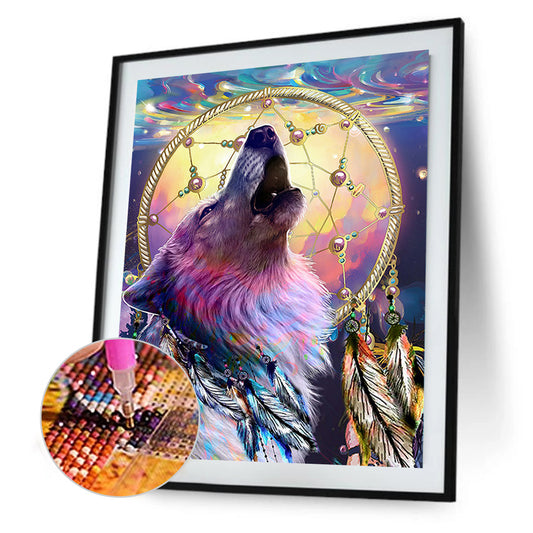 Wolf Howling Dream Catcher - Full Round Drill Diamond Painting 40*50CM