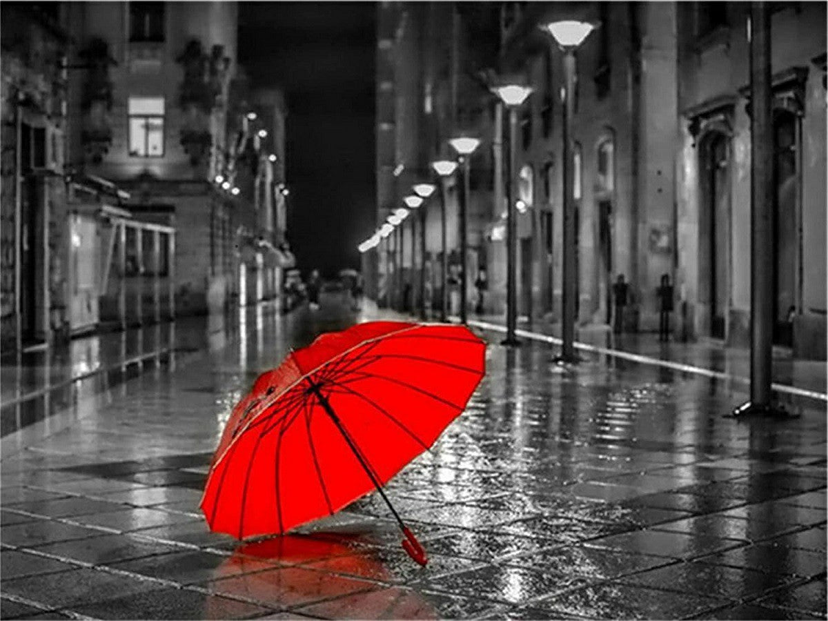 Red Umbrella On Street In Rainy Night - Full Round Drill Diamond Painting 40*30CM