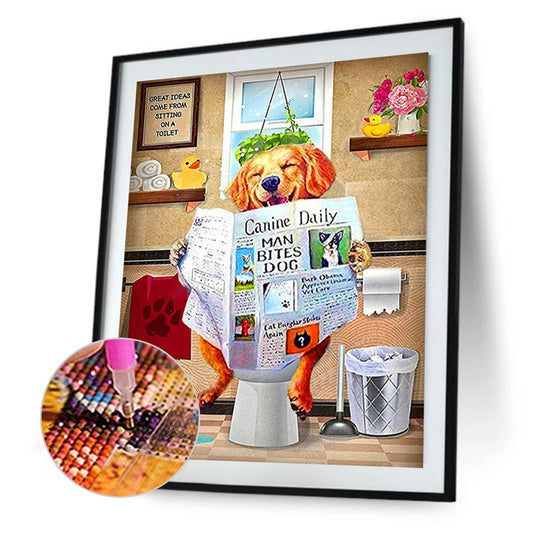 Golden Retriever Sitting On Toilet - Full Square Drill Diamond Painting 30*40CM