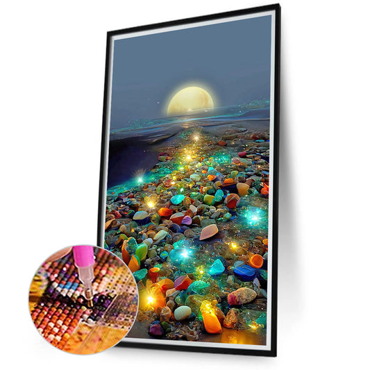 Glowing Colored Stones On The Seaside Under The Moon 40*70CM(Canvas) Full Square Drill Diamond Painting