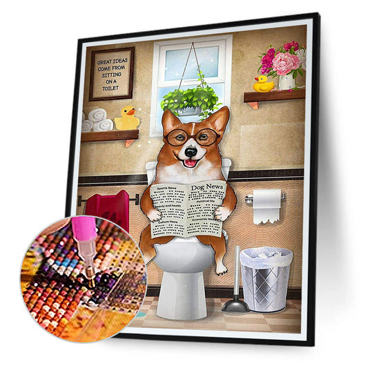 Dog On Toilet - Full Round Drill Diamond Painting 30*40CM