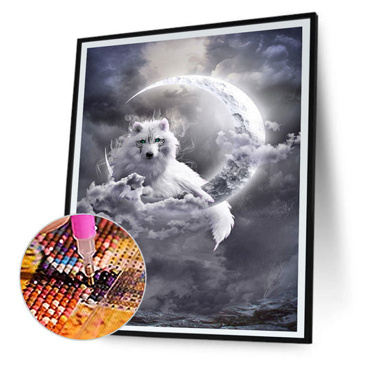White Wolf On The Moon - Full Round Drill Diamond Painting 30*40CM