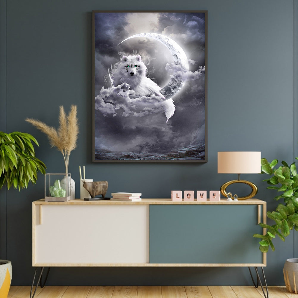 White Wolf On The Moon - Full Round Drill Diamond Painting 30*40CM
