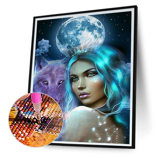 Moonlight Wolf Girl - Full Round Drill Diamond Painting 30*40CM
