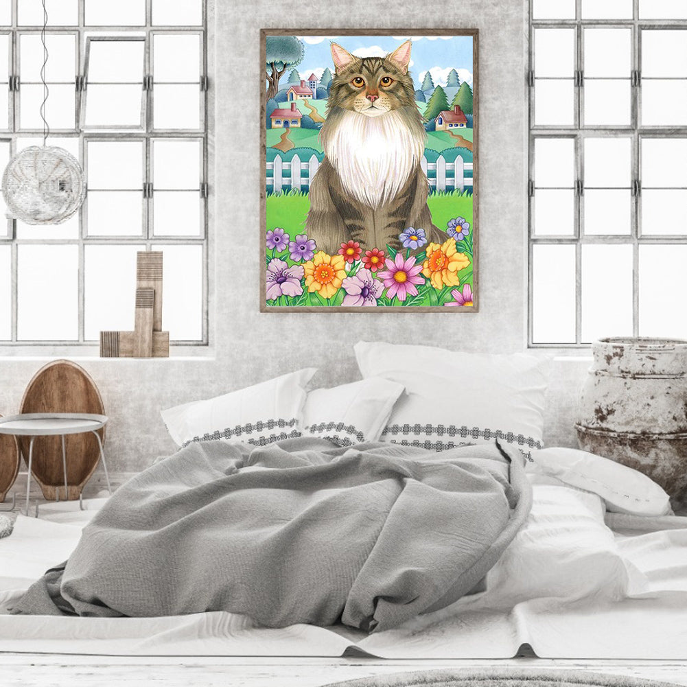 Cat In The Flowers - Full Round Drill Diamond Painting 30*40CM