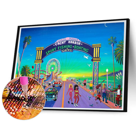 Santa Monica Pier - Yacht Harbor - Full Round Drill Diamond Painting 40*30CM