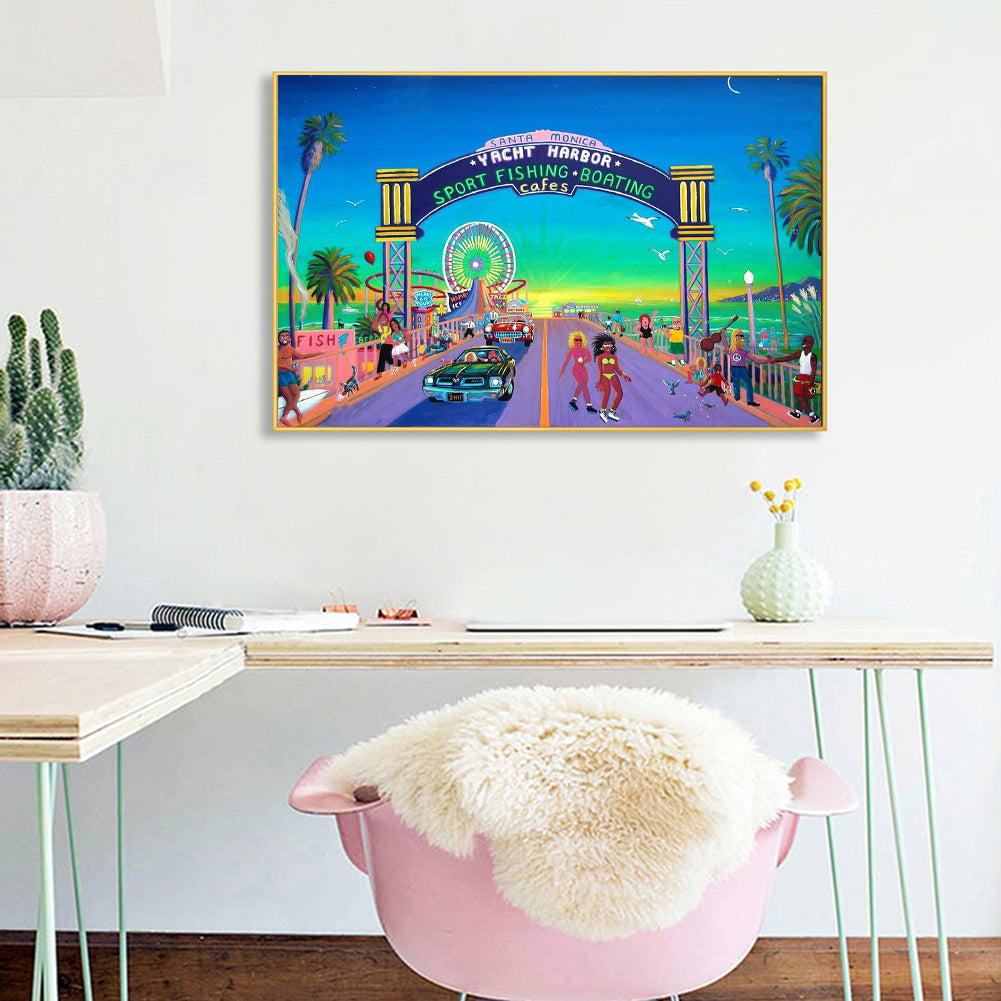 Santa Monica Pier - Yacht Harbor - Full Round Drill Diamond Painting 40*30CM