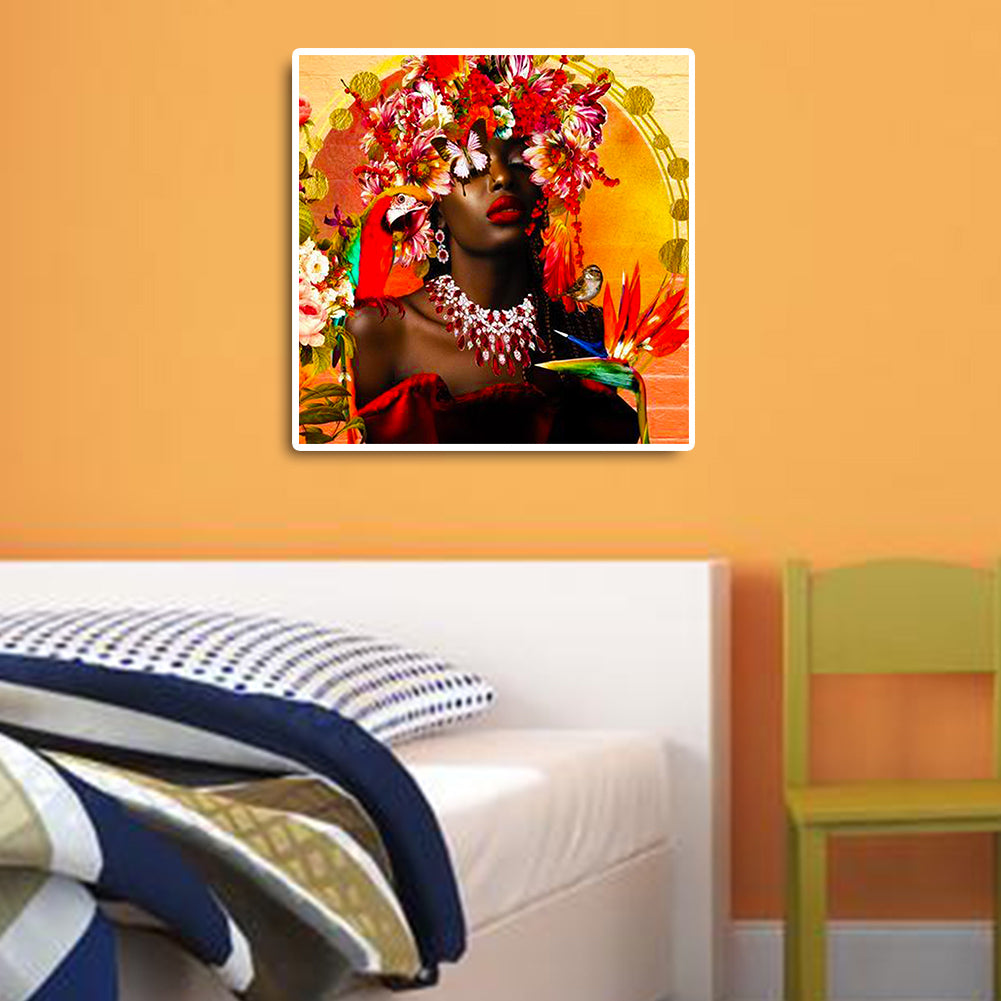 Black Woman With Flower - Full Round Drill Diamond Painting 40*40CM