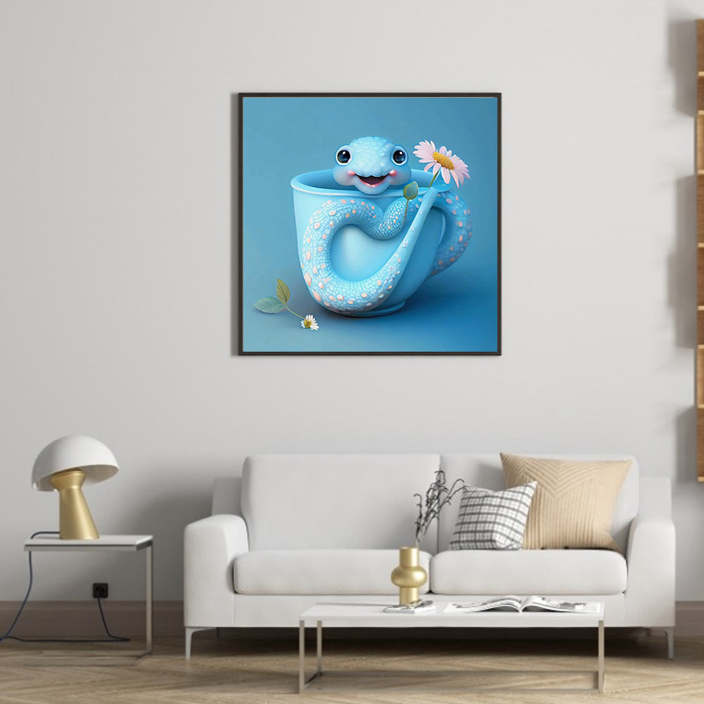 Light Blue Potted Version Of The Zodiac Snake - Full Round Drill Diamond Painting 30*30CM