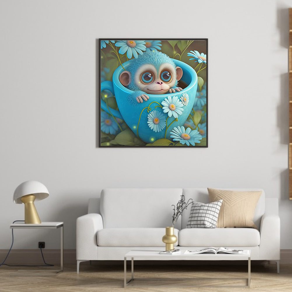 Light Blue Potted Zodiac Monkey - Full Round Drill Diamond Painting 30*30CM