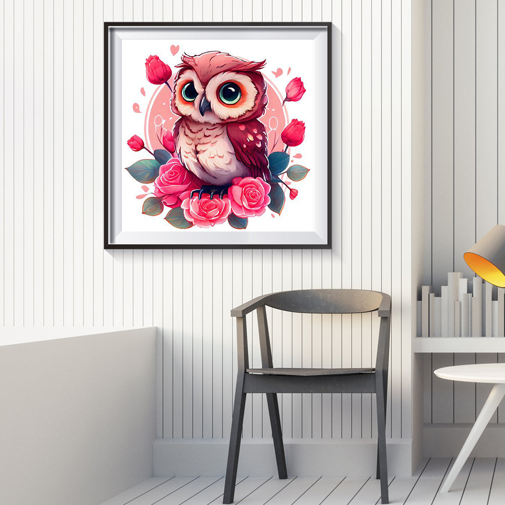 Pink Flower Owl - Full Round Drill Diamond Painting 30*30CM