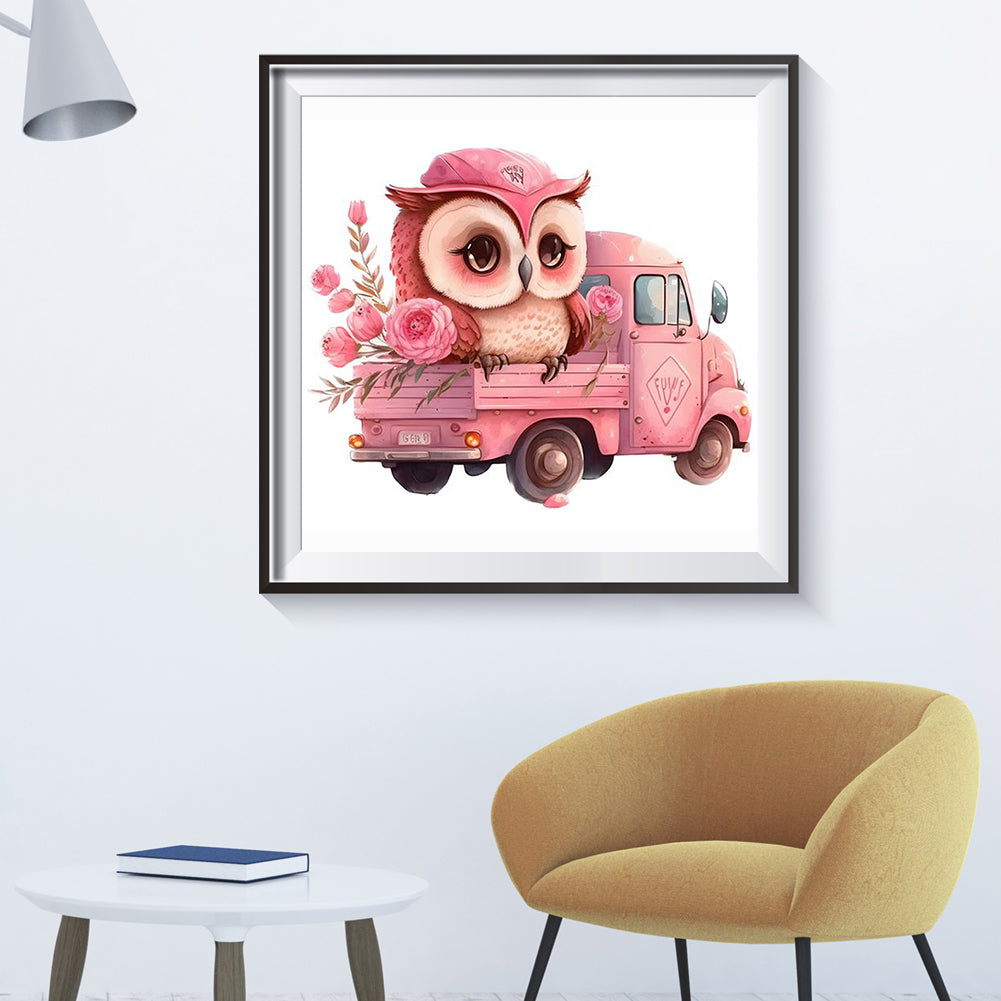 Pink Flower Owl - Full Round Drill Diamond Painting 30*30CM