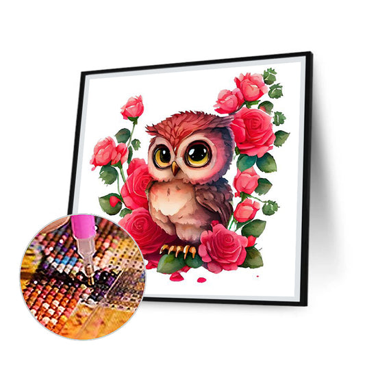 Pink Flower Owl - Full Round Drill Diamond Painting 30*30CM