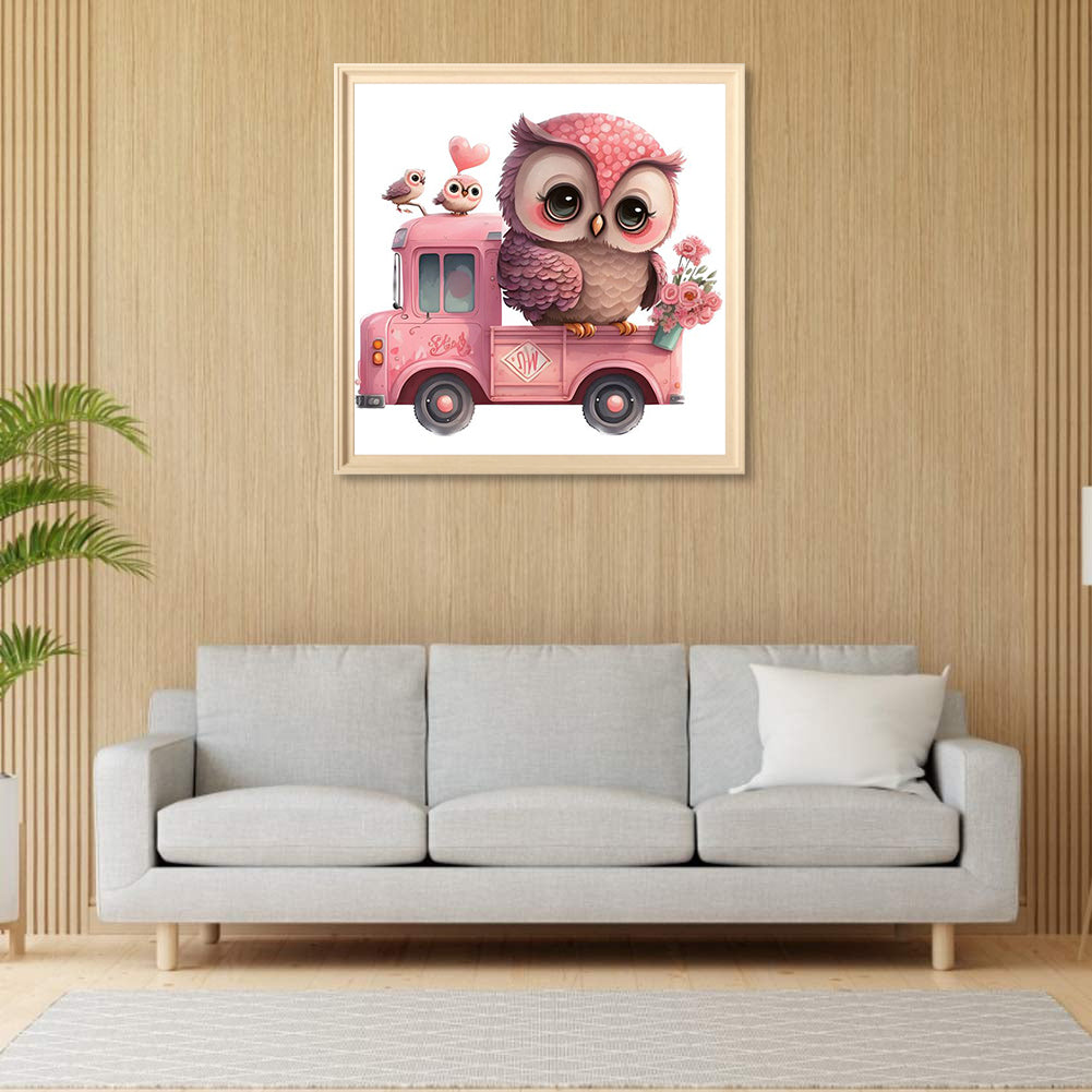 Pink Flower Owl - Full Round Drill Diamond Painting 30*30CM