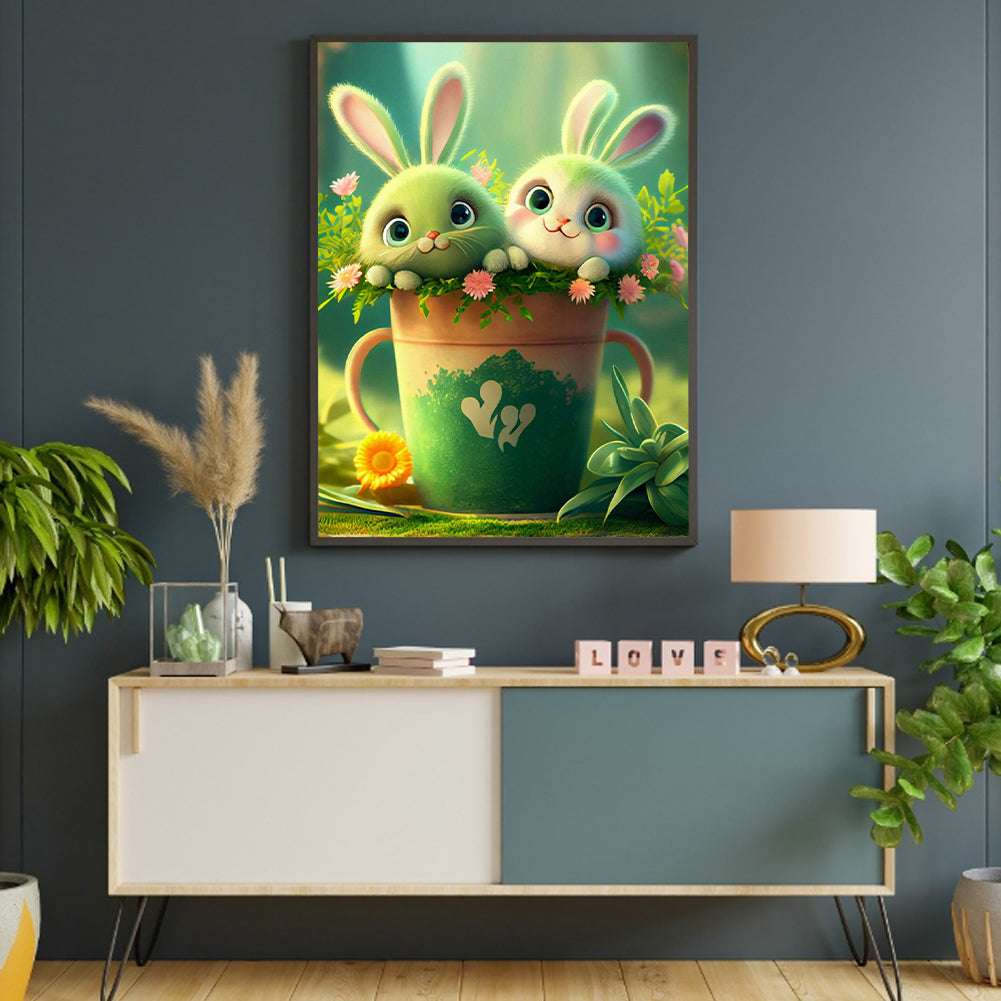 Green Bunny In Bucket - Full Round Drill Diamond Painting 30*40CM