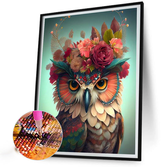 Owl With Flowers - Full Round Drill Diamond Painting 30*40CM