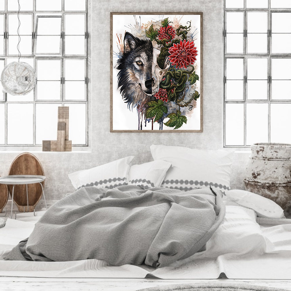 Vine Skull Wolf Head - Full Round Drill Diamond Painting 30*40CM