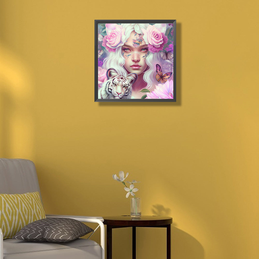 Tiger And Butterfly Girl 40*40Ccm(canvas) full round drill diamond painting