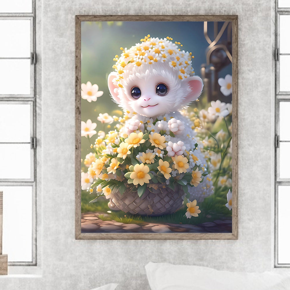 Little Monkey In Flower Basket 30*40Ccm(canvas) full round drill diamond painting