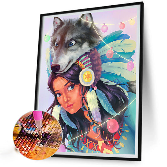 Indian And Wolf - Full Round Drill Diamond Painting 30*40CM