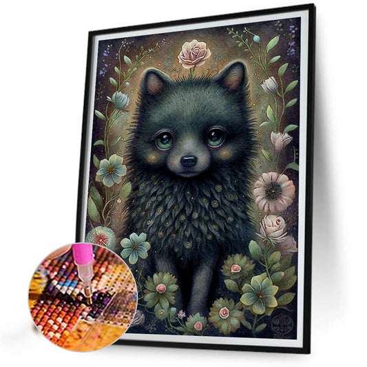 Little Black Dog In Flowers - Full Round Drill Diamond Painting 30*40CM