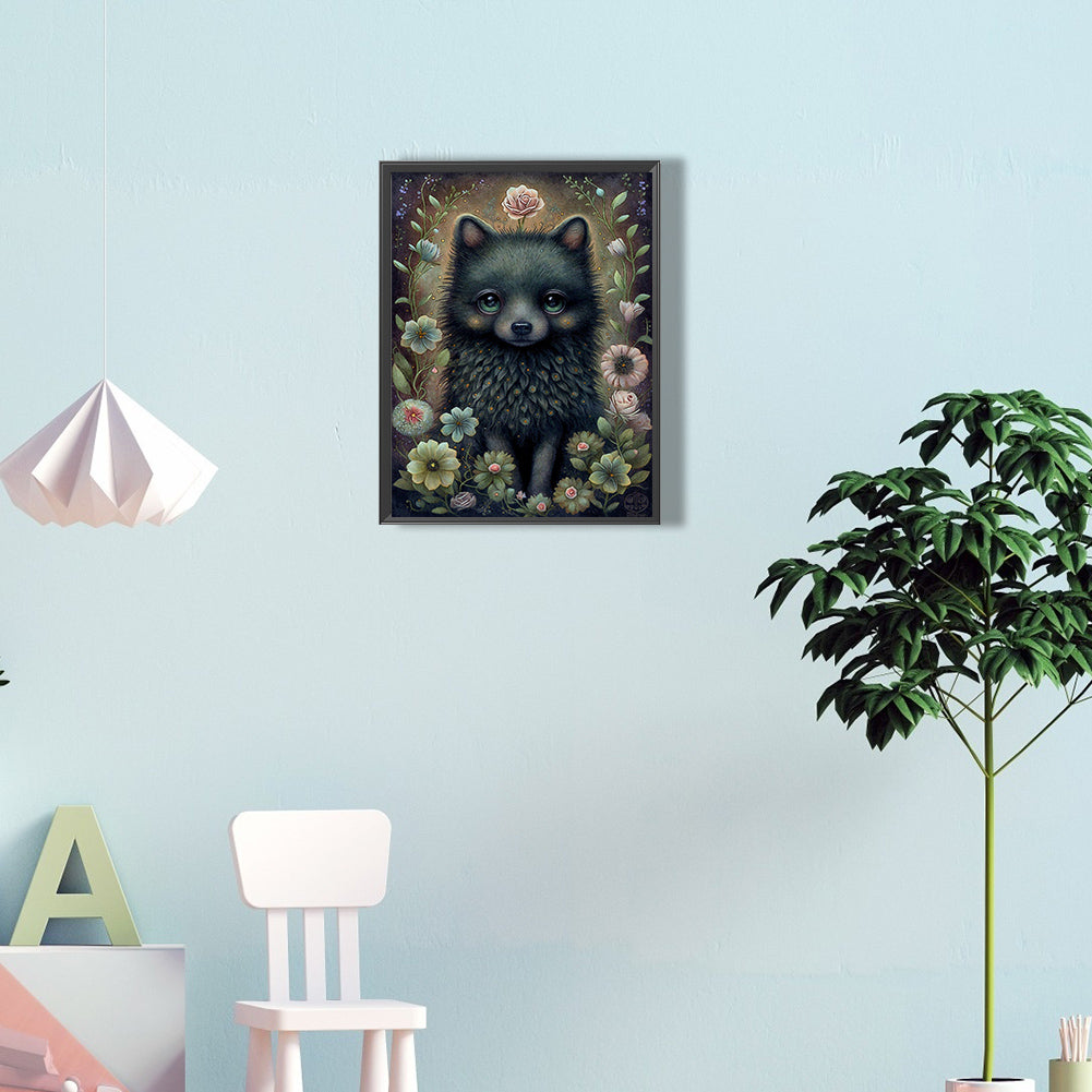 Little Black Dog In Flowers - Full Round Drill Diamond Painting 30*40CM