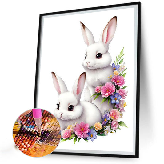 Two Little White Rabbits Among Flowers - Full Round Drill Diamond Painting 30*40CM