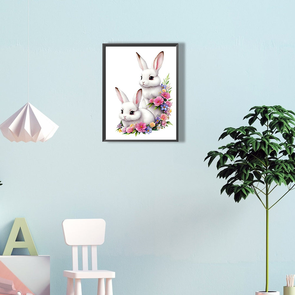 Two Little White Rabbits Among Flowers - Full Round Drill Diamond Painting 30*40CM