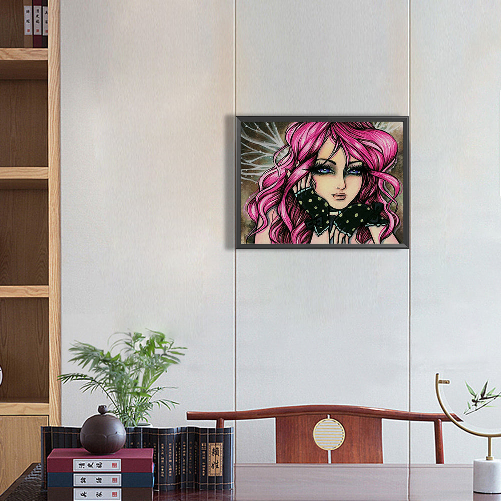 Pink Haired Girl Smiling - Full Round Drill Diamond Painting 40*30CM