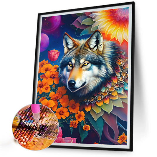 Wolf In The Flowers - Full Round Drill Diamond Painting 30*40CM