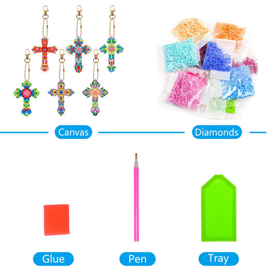 6pcs Cross Diamond Painting Keychain DIY Diamond Mosaic Kit Bag Pendant