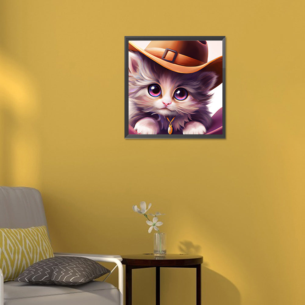 Western Cowboy Hat Kitten - Full Round Drill Diamond Painting 30*30CM