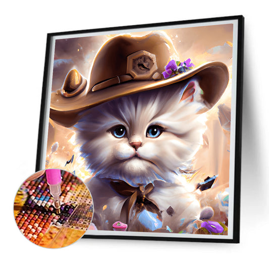 Western Cowboy Hat Kitten - Full Round Drill Diamond Painting 30*30CM
