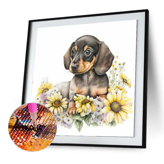 Dog Resting In Flowers - Full Round Drill Diamond Painting 30*30CM