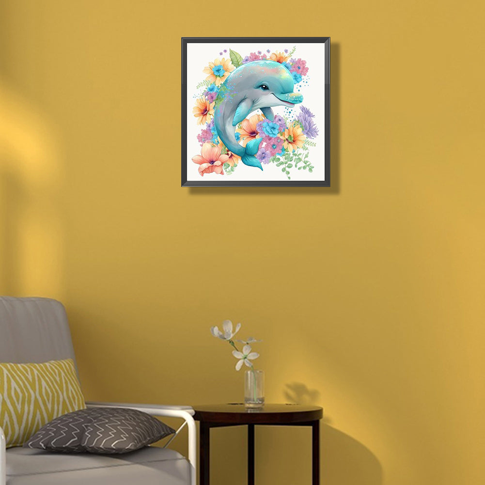 Happy Dolphin Under The Sea Of Flowers - Full Round Drill Diamond Painting 30*30CM