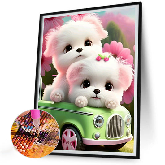 Pink Dog And Car - Full Round Drill Diamond Painting 30*40CM