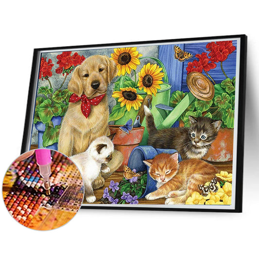 Cat And Dog Playing In The Flowers - Full Round Drill Diamond Painting 40*30CM