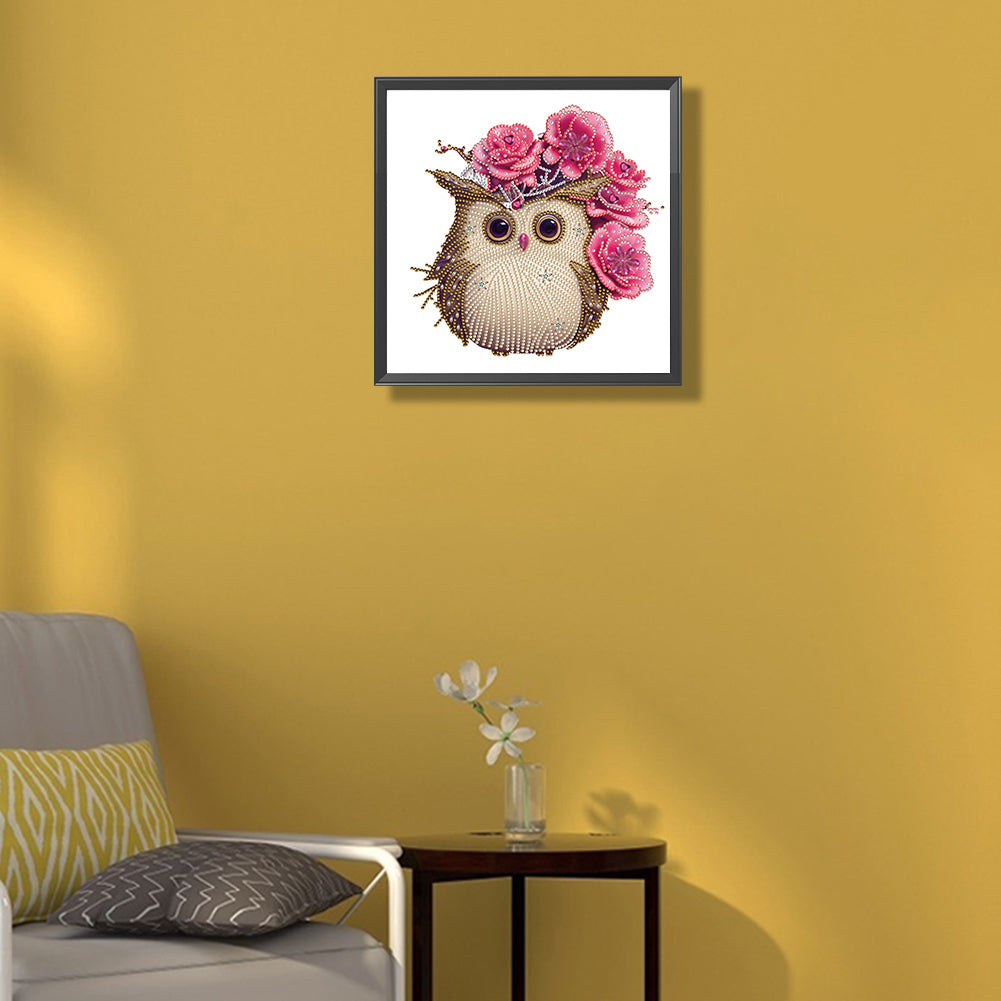 Owl With Flowers - Special Shaped Drill Diamond Painting 30*30CM