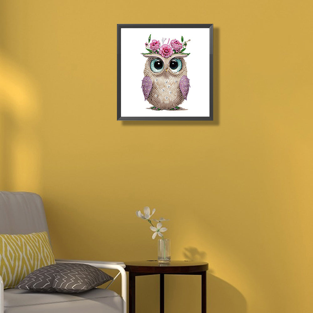 Owl With Flowers - Special Shaped Drill Diamond Painting 30*30CM