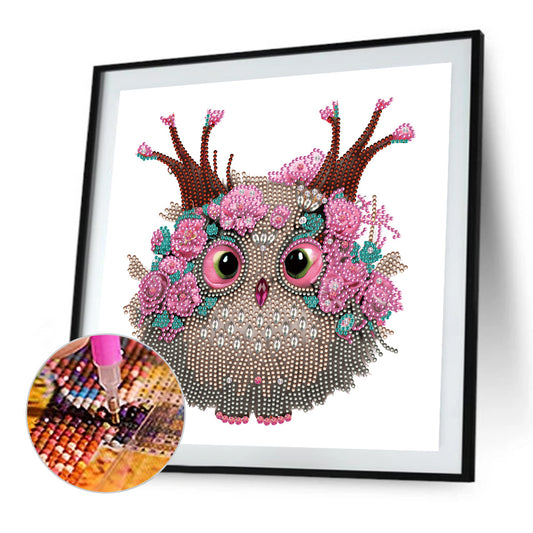 Owl With Flowers - Special Shaped Drill Diamond Painting 30*30CM