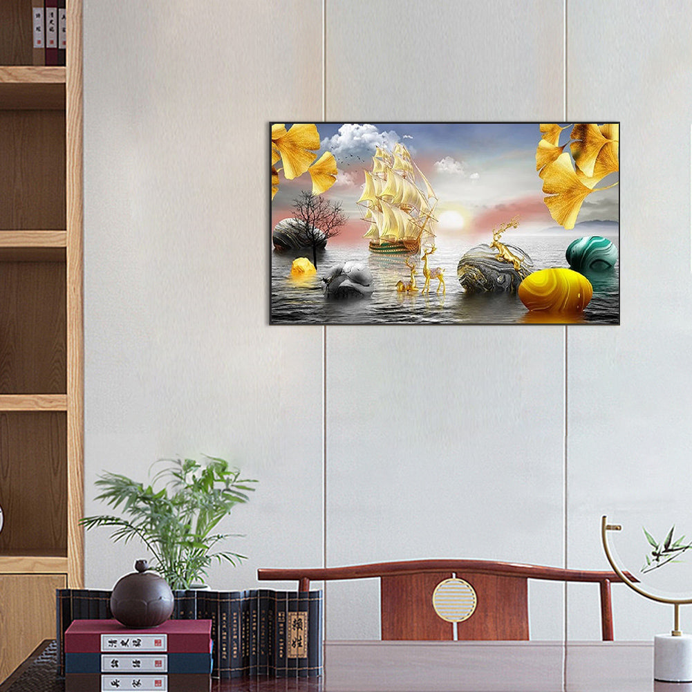 Golden Deer Ginkgo Leaf - Full Round Drill Diamond Painting 70*40CM