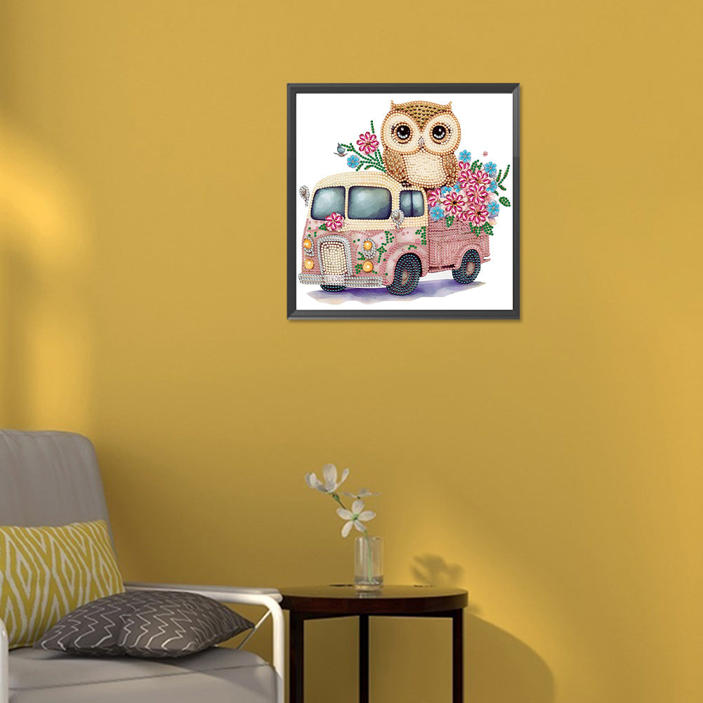 Pink Owl Car - Special Shaped Drill Diamond Painting 30*30CM