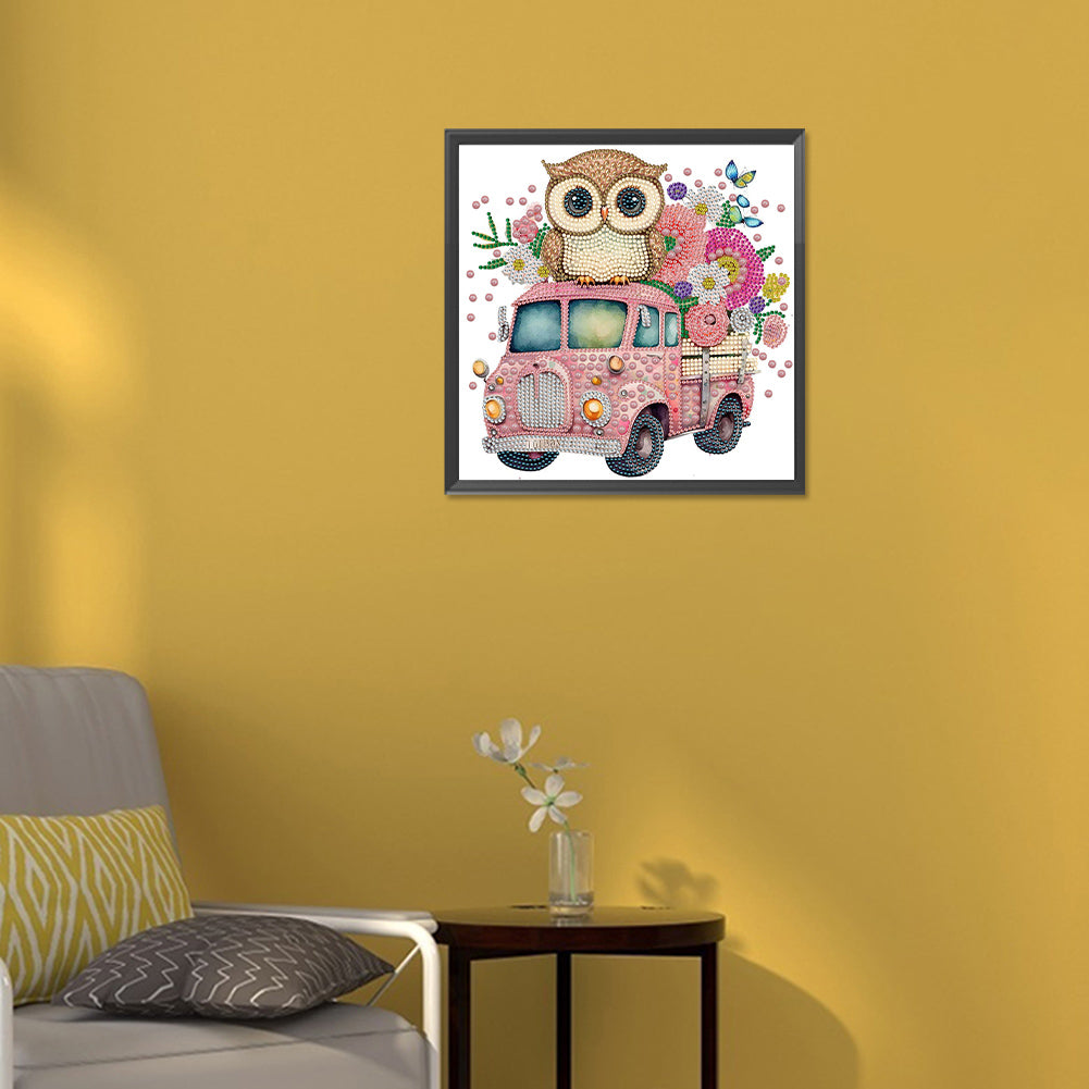 Pink Owl Car - Special Shaped Drill Diamond Painting 30*30CM