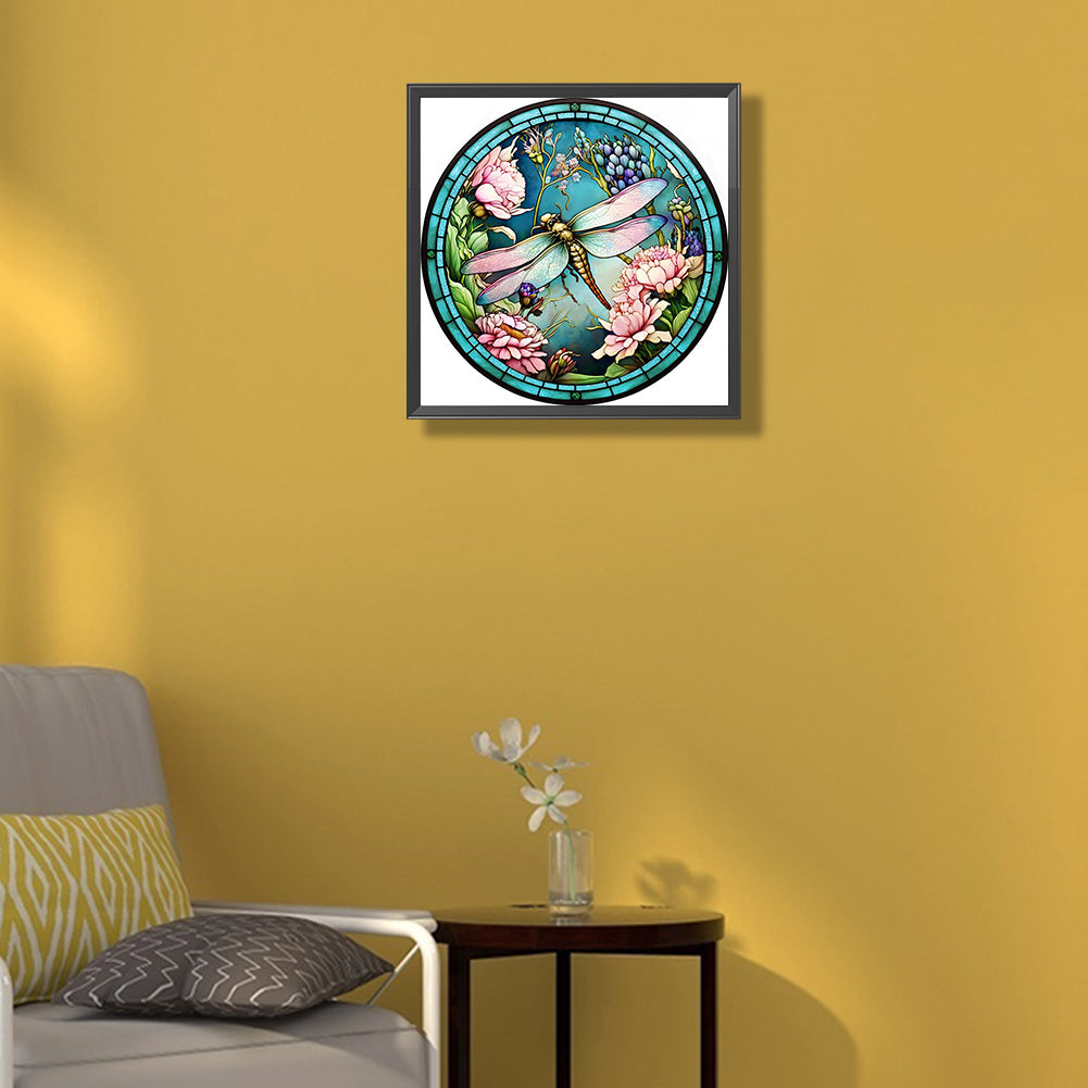 Dragonfly Painted On Round Plate Glass - Full Round Drill Diamond Painting 35*35CM