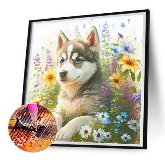 Handsome Dog In The Flowers - Full Round Drill Diamond Painting 30*30CM